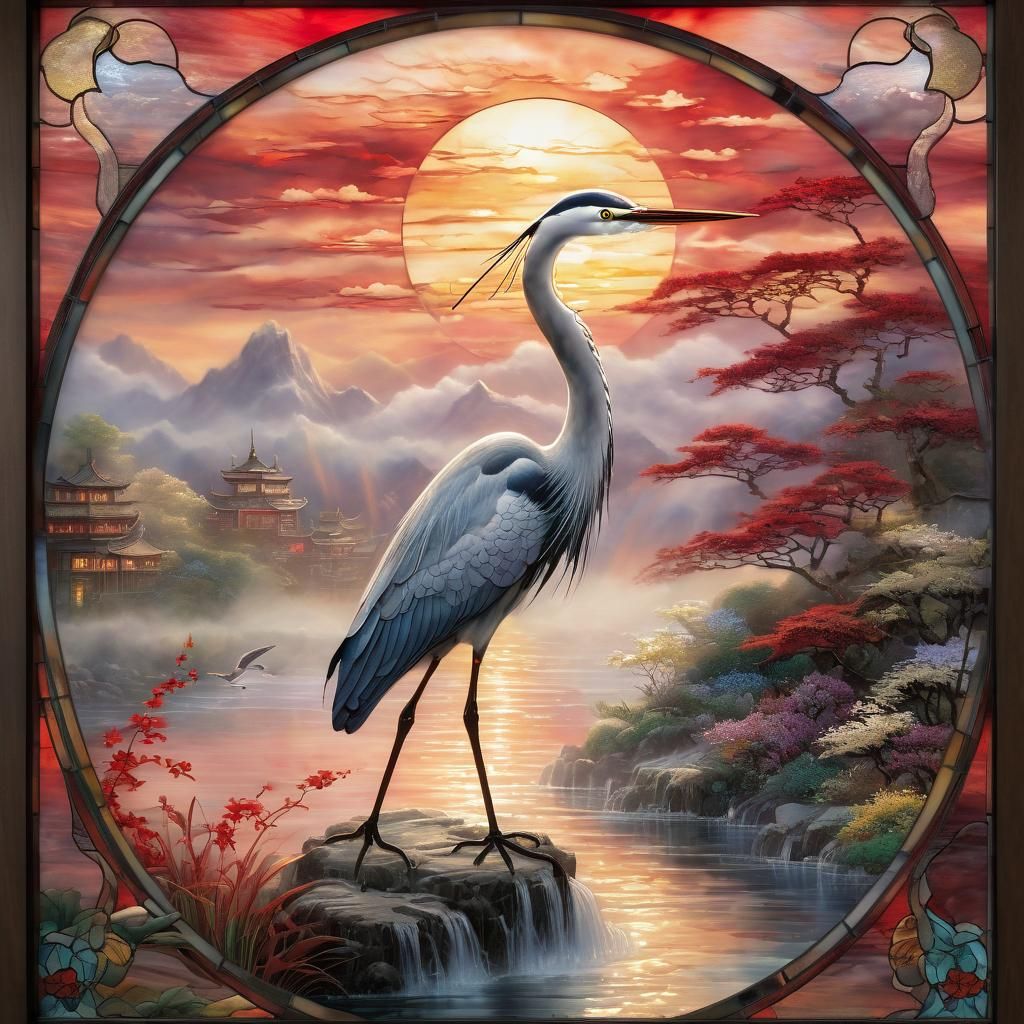 Stained Glass Heron with East Asian Elements