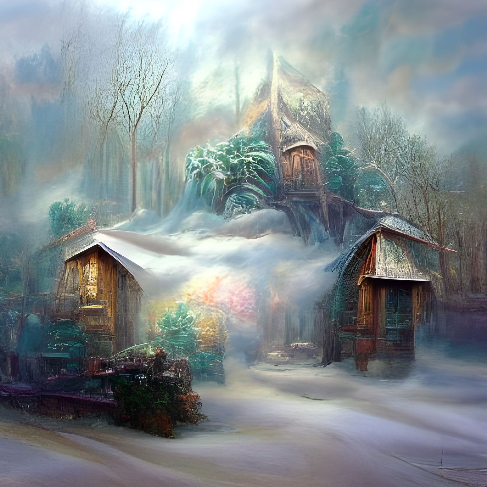 Winter Forest Hut in Kinkade Style