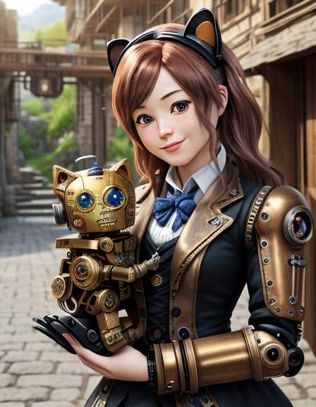 Steampunk Robot and Chibi Kitty in Sunny Village