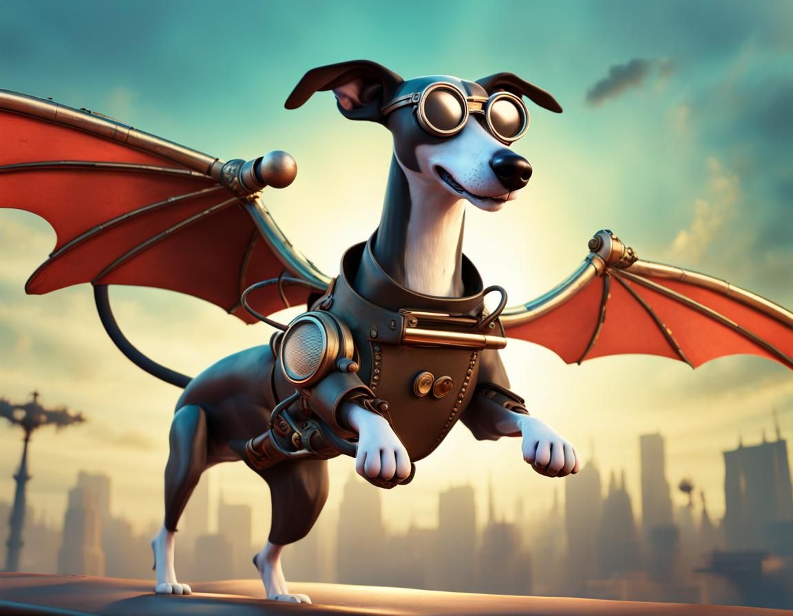 Steampunk Greyhound with Bat Wings in Flight
