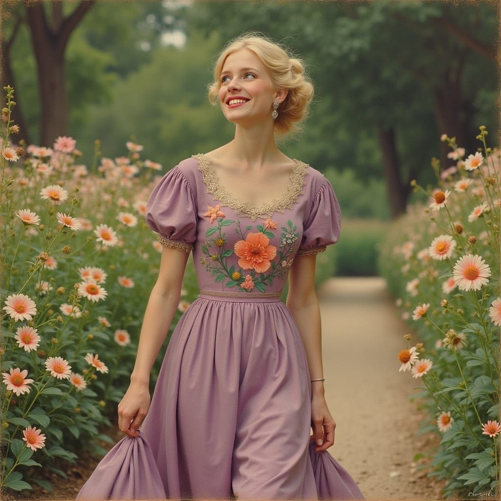 Elegant Woman in Garden, Art Nouveau Style