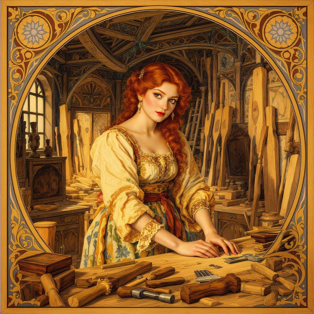 Redhead Woodworker in Art Nouveau Style