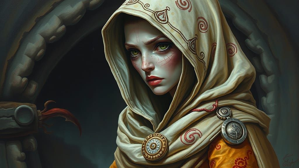 Distressed Alien Woman in Surreal Oil Painting