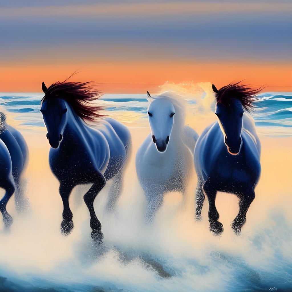Wild Horses Galloping on Beach at Sunset