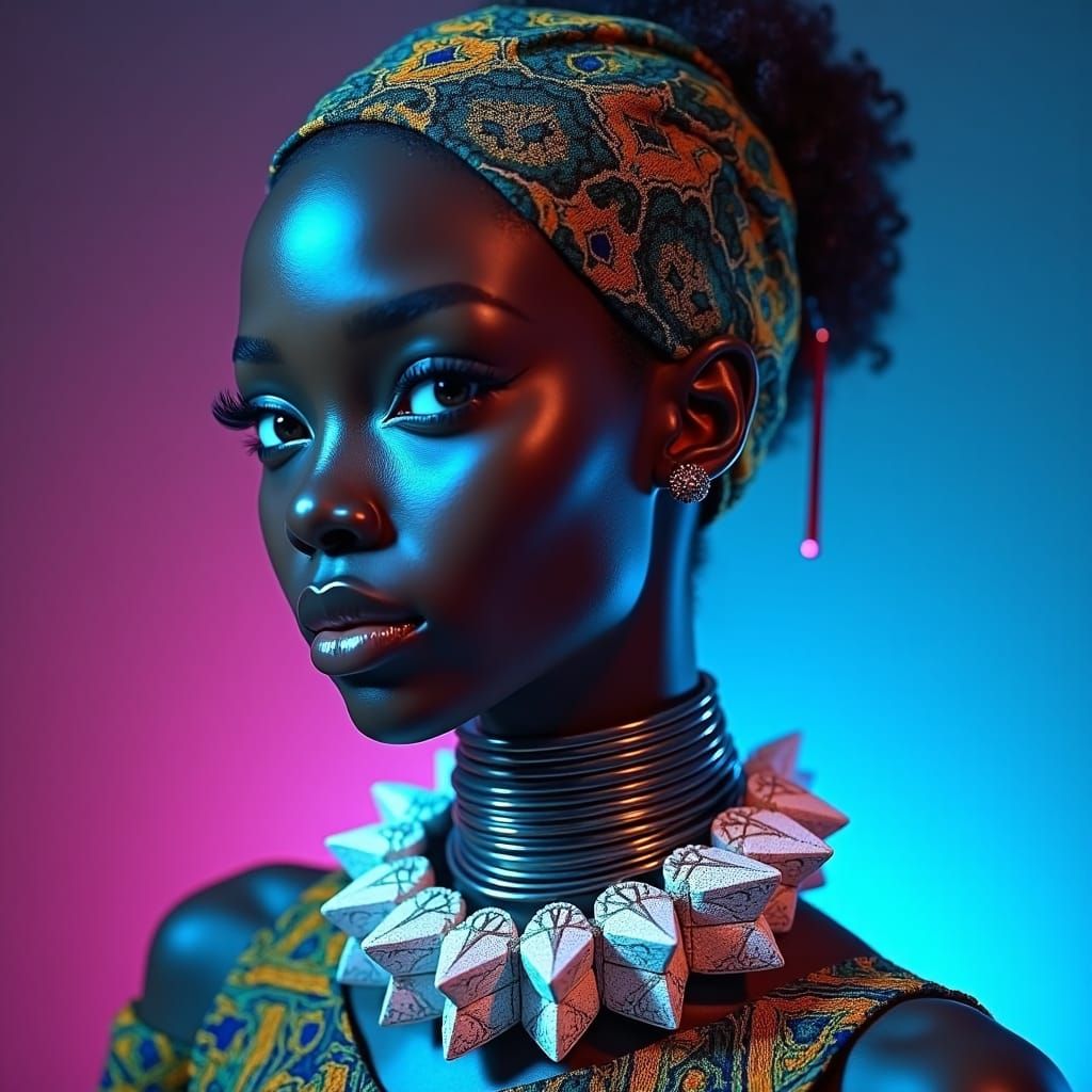 Radiant Woman Portrait with African-Inspired Textiles