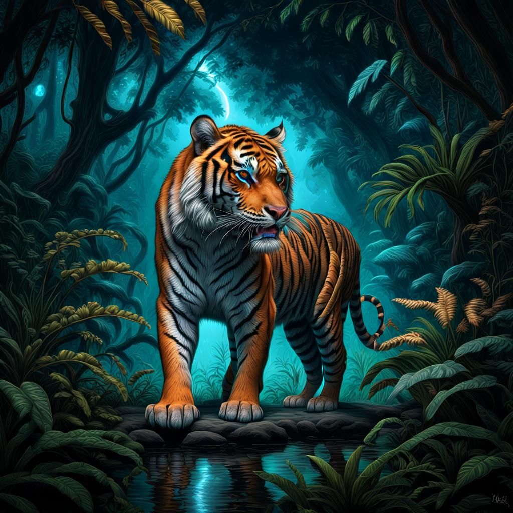 Bioluminescent Tiger in Magical Jungle Scene