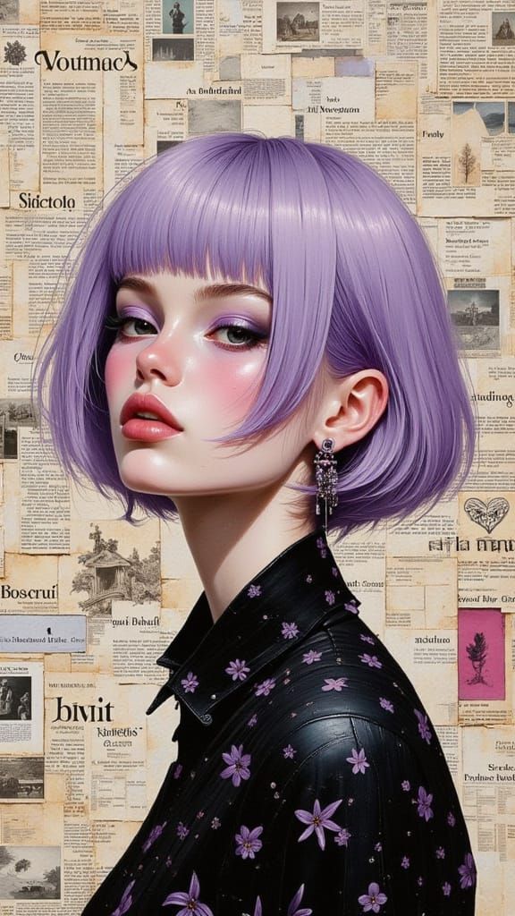 Girl with Lilac Hair in Mixed Media Montage