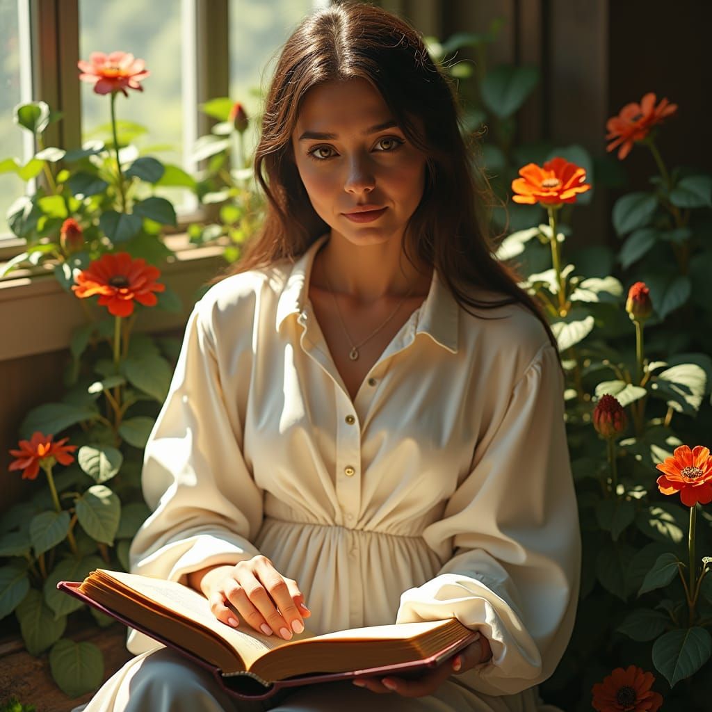 Woman Reading in Magical Garden, Dreamy Illustration