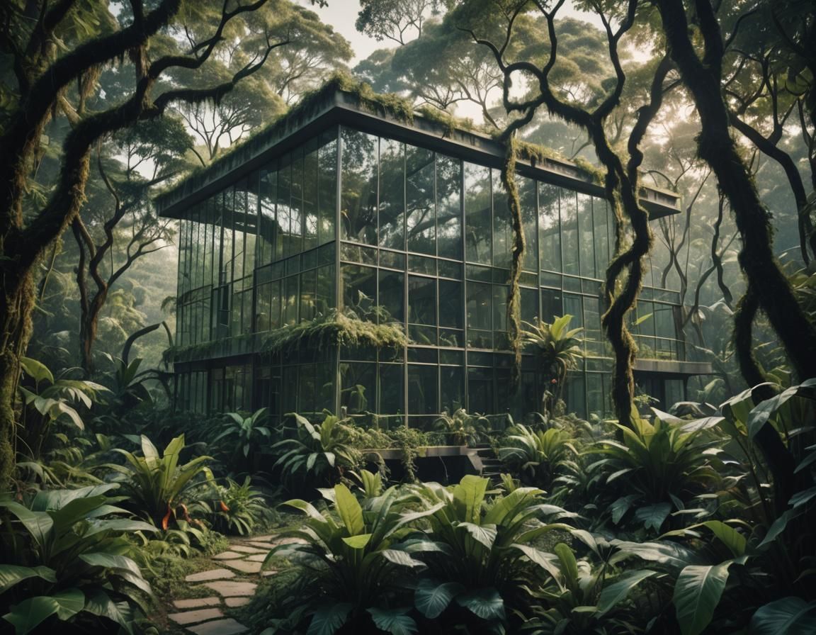 Glass Mansion in Jungle - Cinematic Film Still
