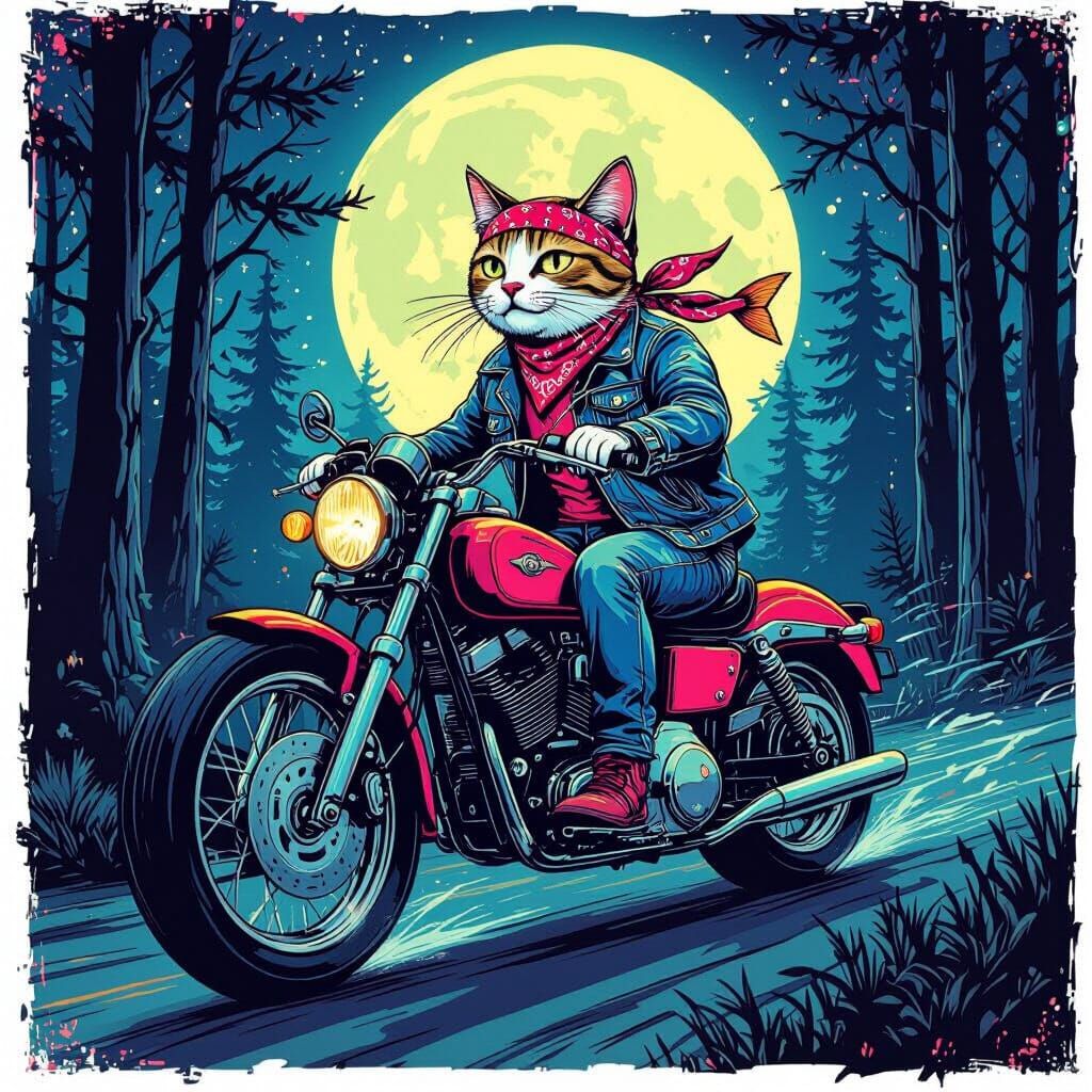 Cat on Motorcycle in Moonlit Forest, Comic Art Style