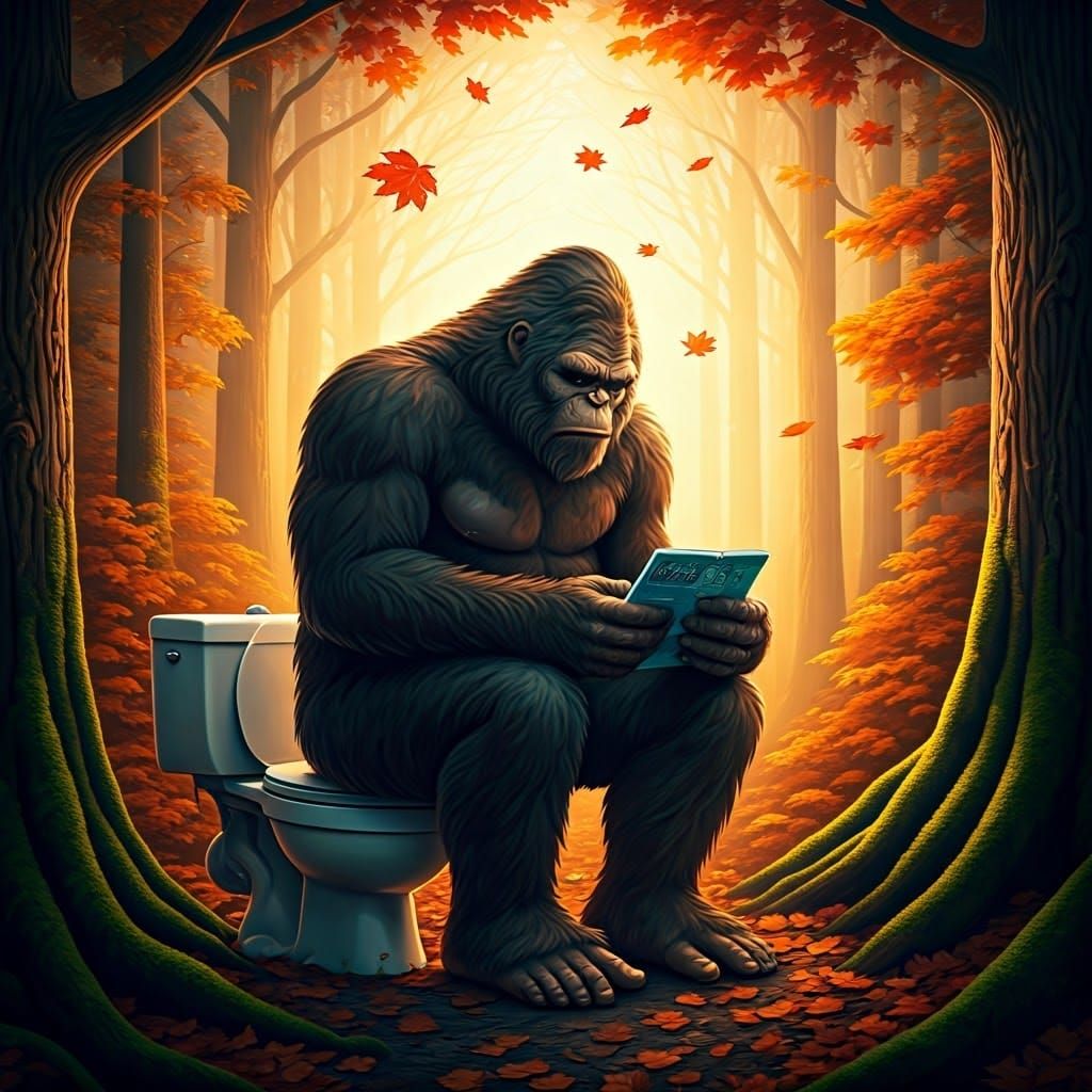 Bigfoot on Toilet in Autumn Woods, Dark Fantasy Art