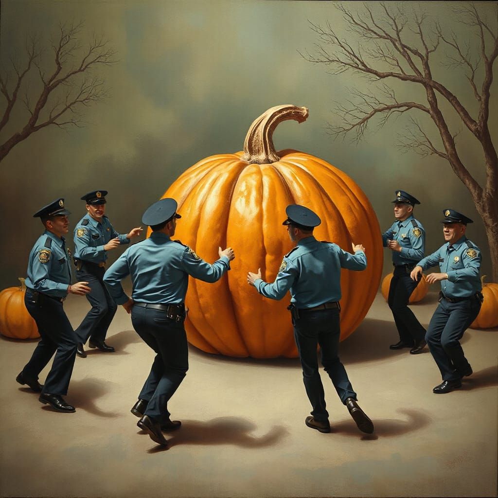 Whimsical Policemen Dance Around Giant Pumpkin