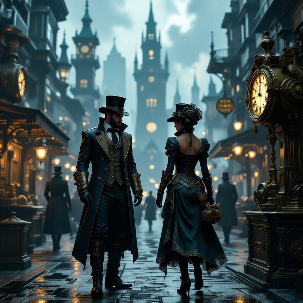 Steampunk Matrix Cityscape with Victorian Technology