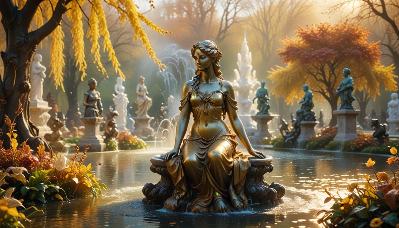 Fantastical Fountain with Seasonal Statues in Golden Light