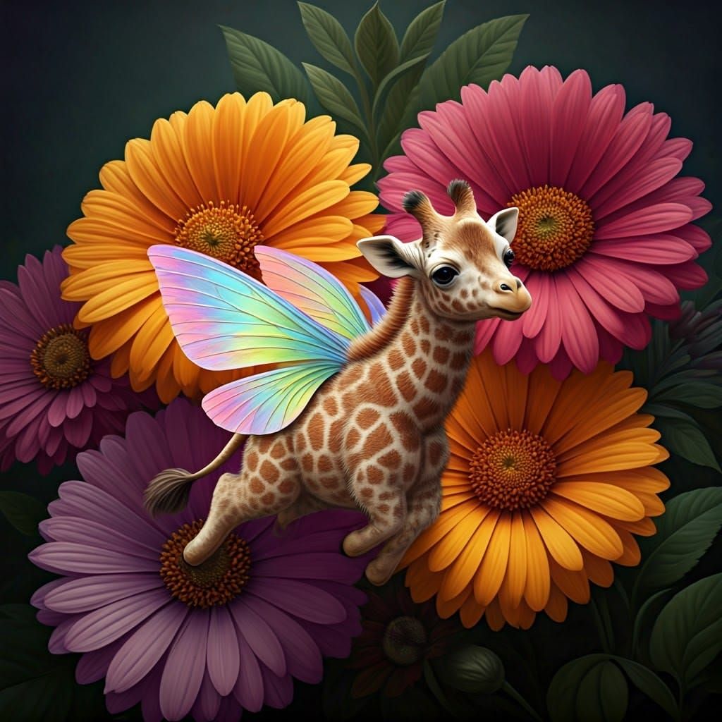 Flying Giraffe with Rainbow Wings Among Flowers