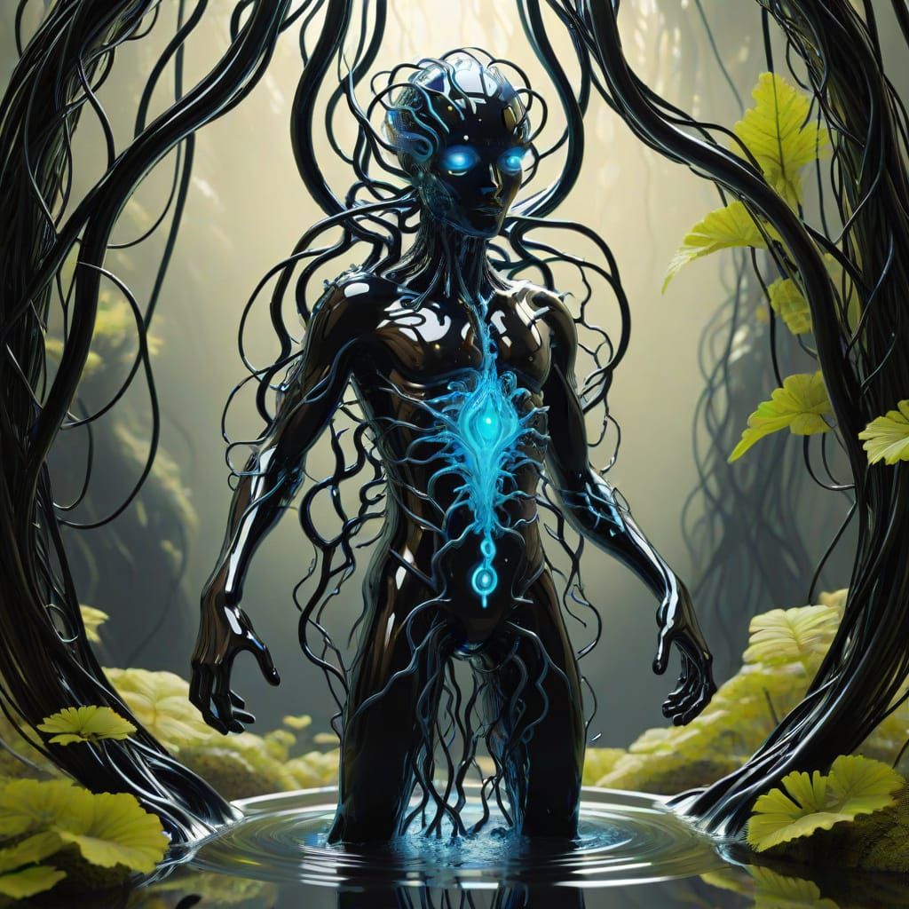 a ferrofluid biomechanical humanoid trapped in a 4D tesseract suspended in a living landscape of liquid-like organic vei...