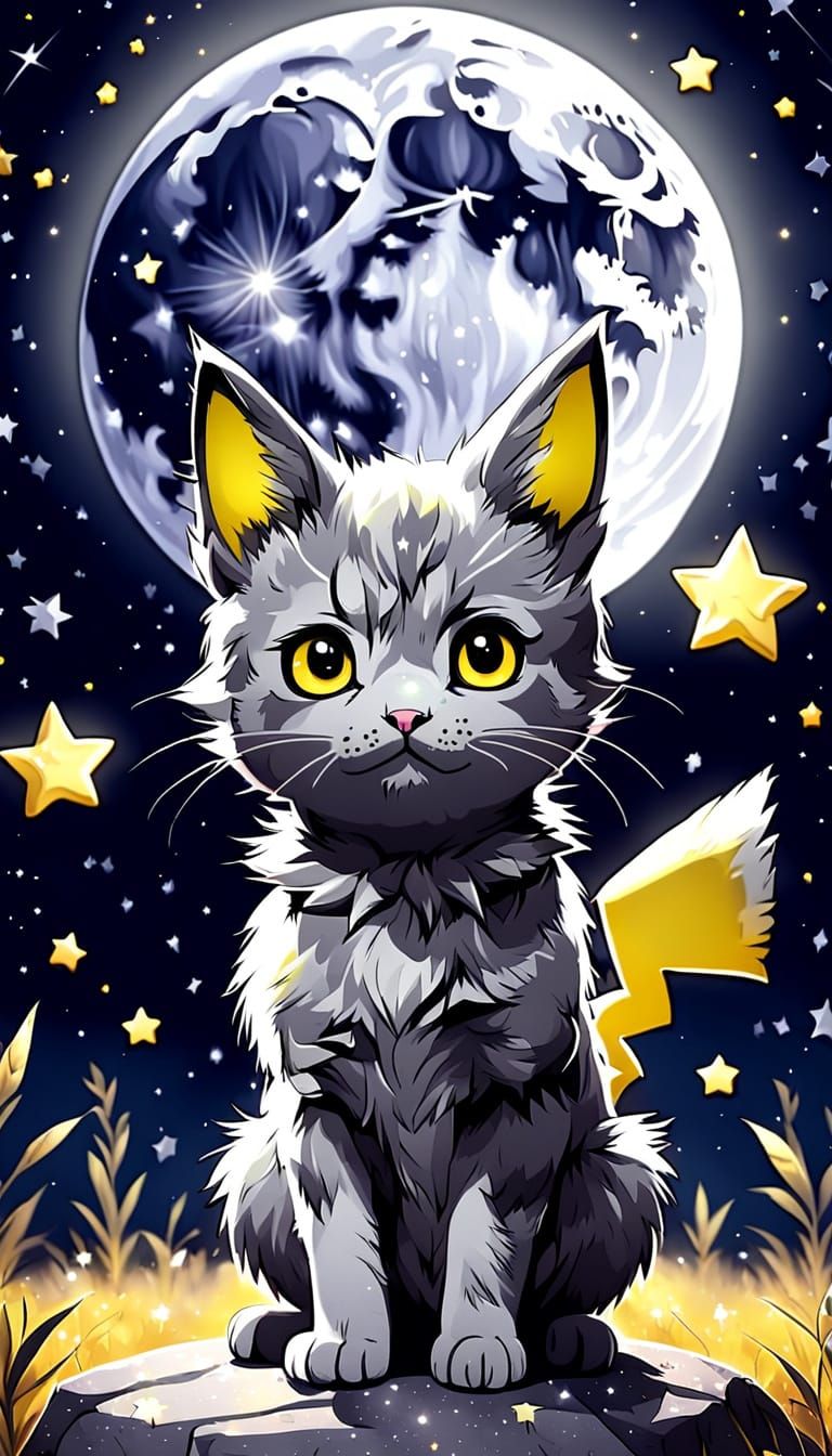 Chibi Cat Pikachu Hybrid Under Full Moon