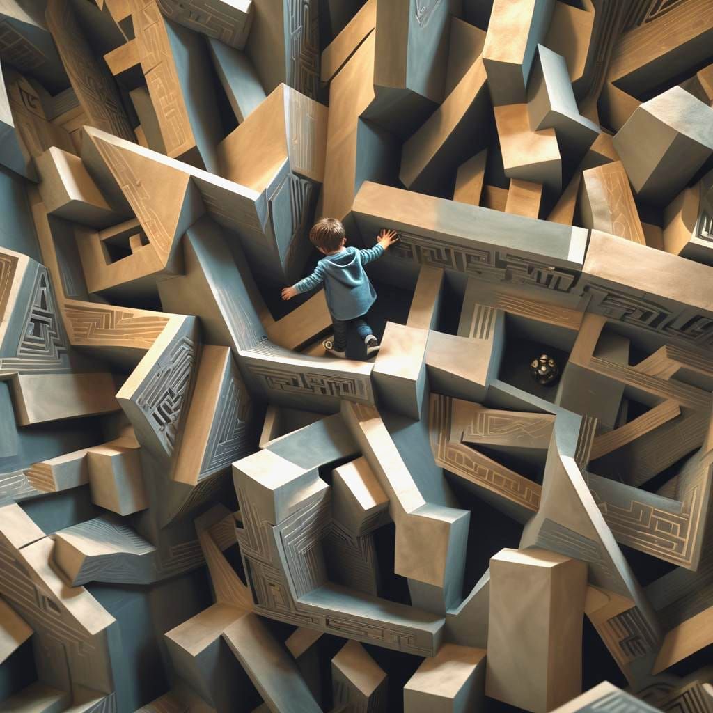 Person Crawling Through Maze-Like Art Installation