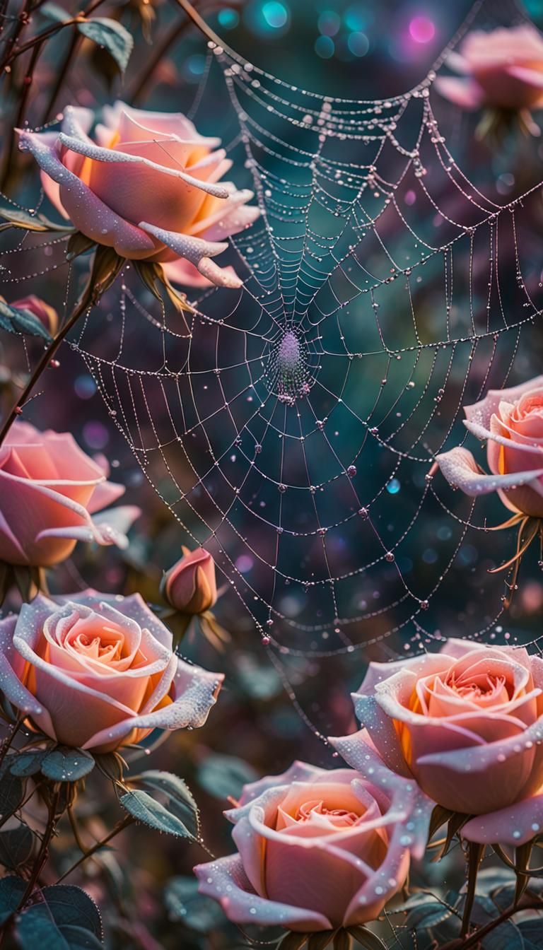 Sparkling Spiderweb and Roses in Mystical Realism