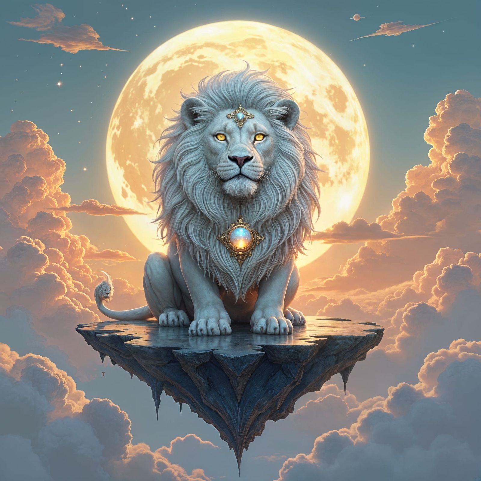 Moonstone Lion on Floating Island, Art Nouveau Style