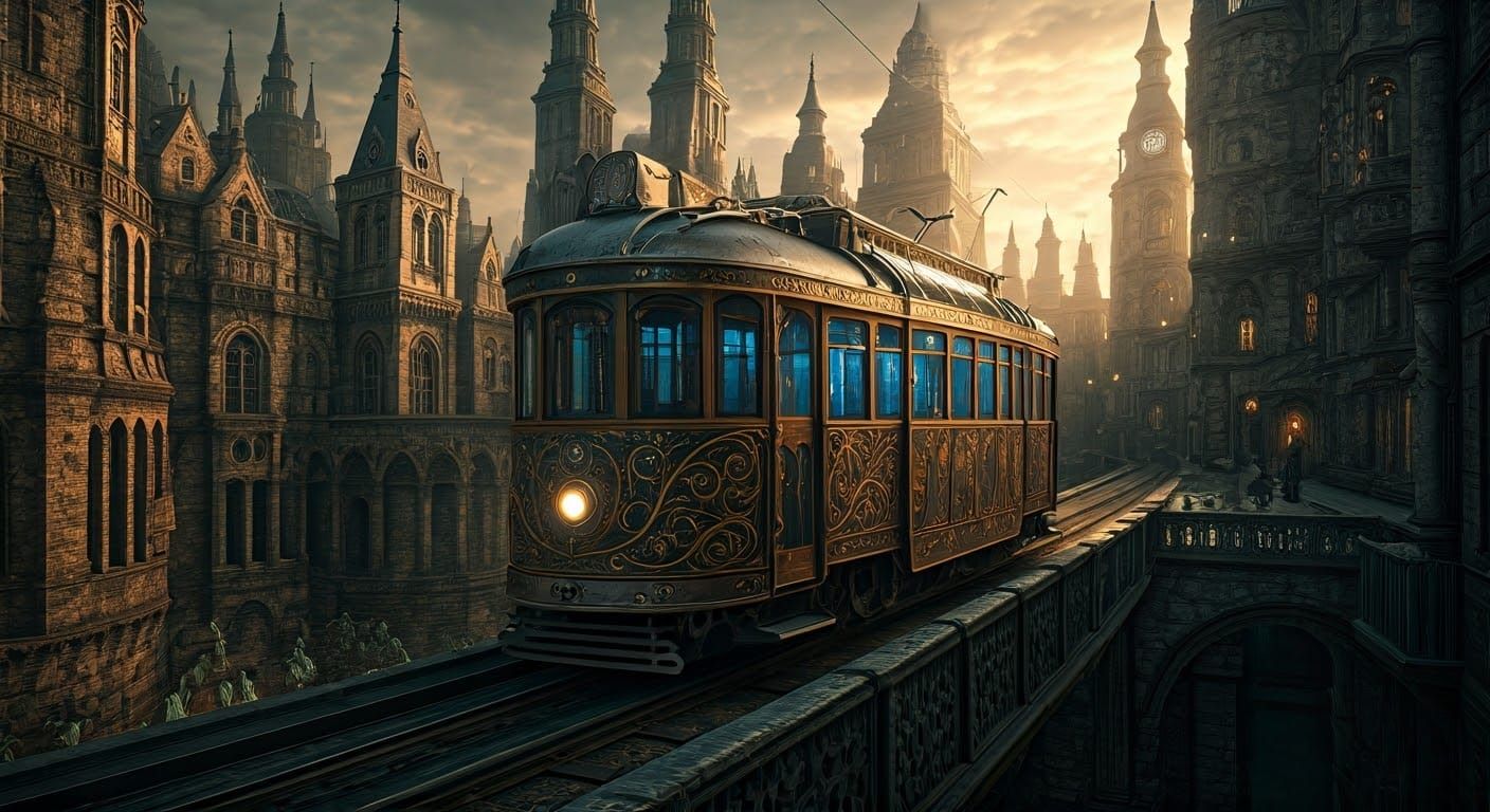 Majestic Steampunk Cityscape with Magical Tram