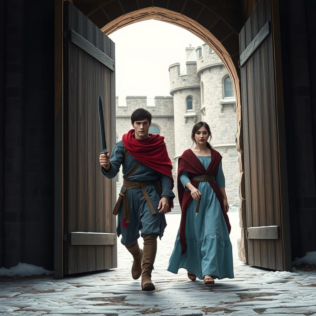 Medieval Heroes Emerge into Castle Courtyard in Digital Matt...