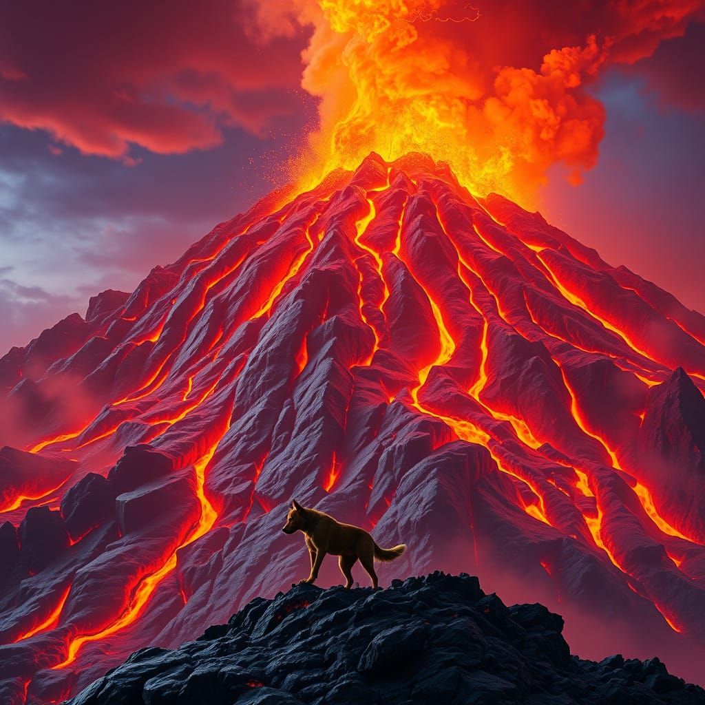 Majestic Lava Volcano with Brave Canine Companion