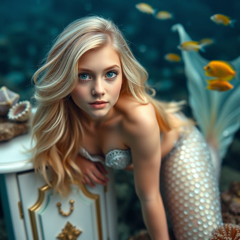 Mermaid Perched on Underwater Cabinet in Vibrant Coral Reef