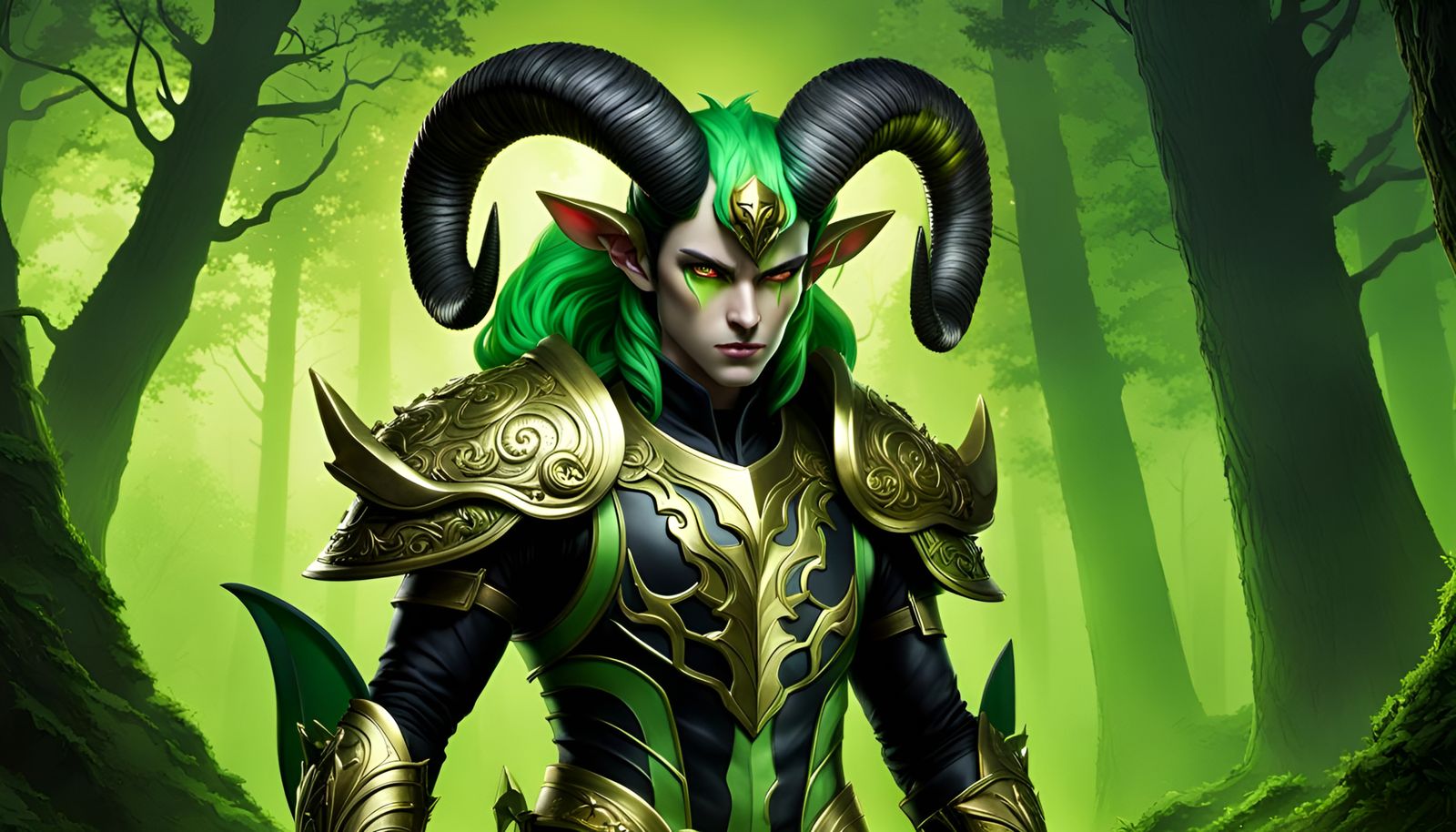 Aloof Male Demon in Lime Green Steel Armor