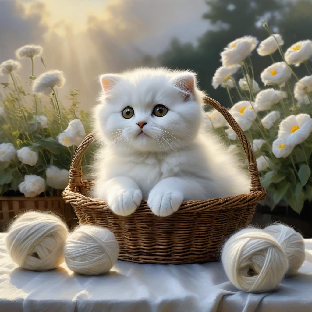 Scottish Fold Kitten in Basket, Impressionist Painting