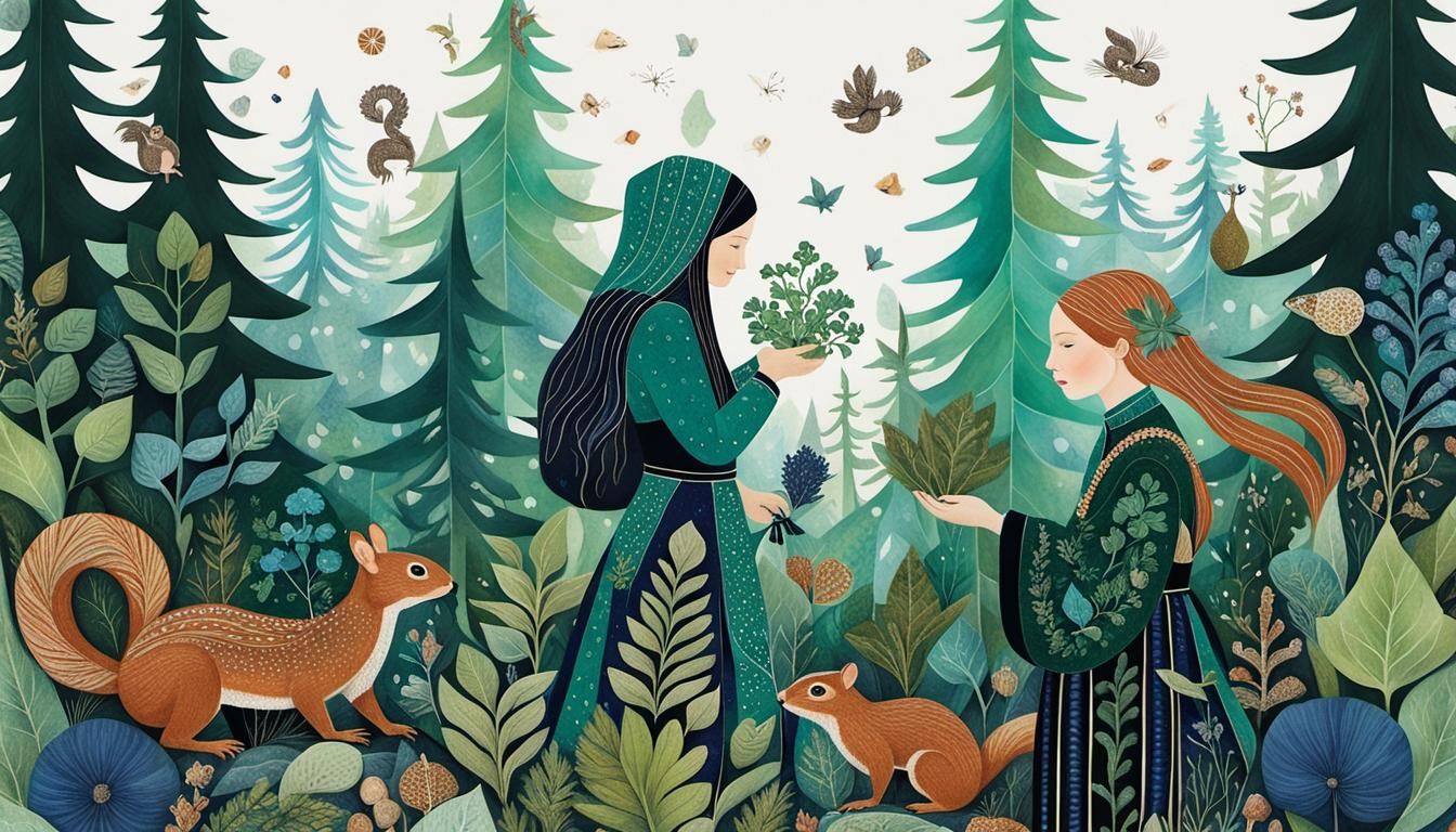 Icelandic Girl Gathering Herbs in Folk Art Style