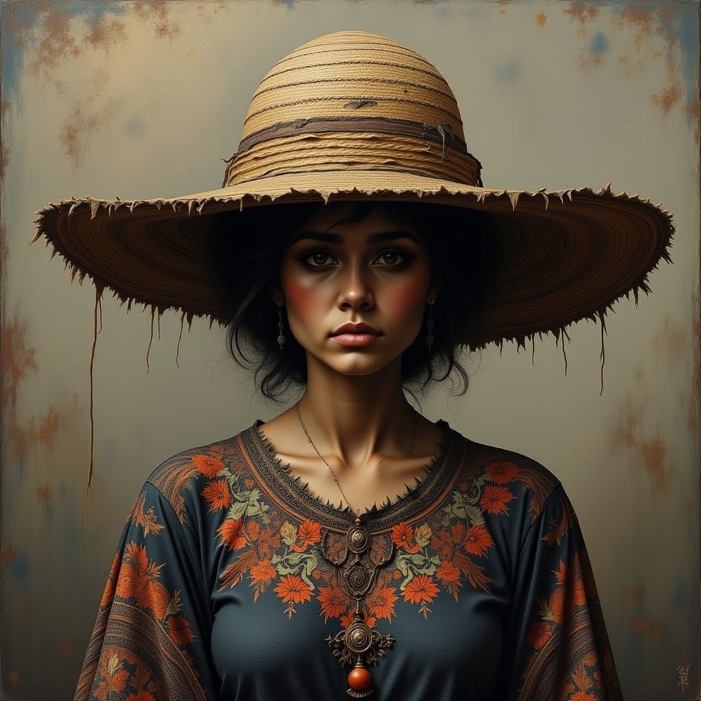 Worn Sombrero with Faded Embroidery in Earthy Tones