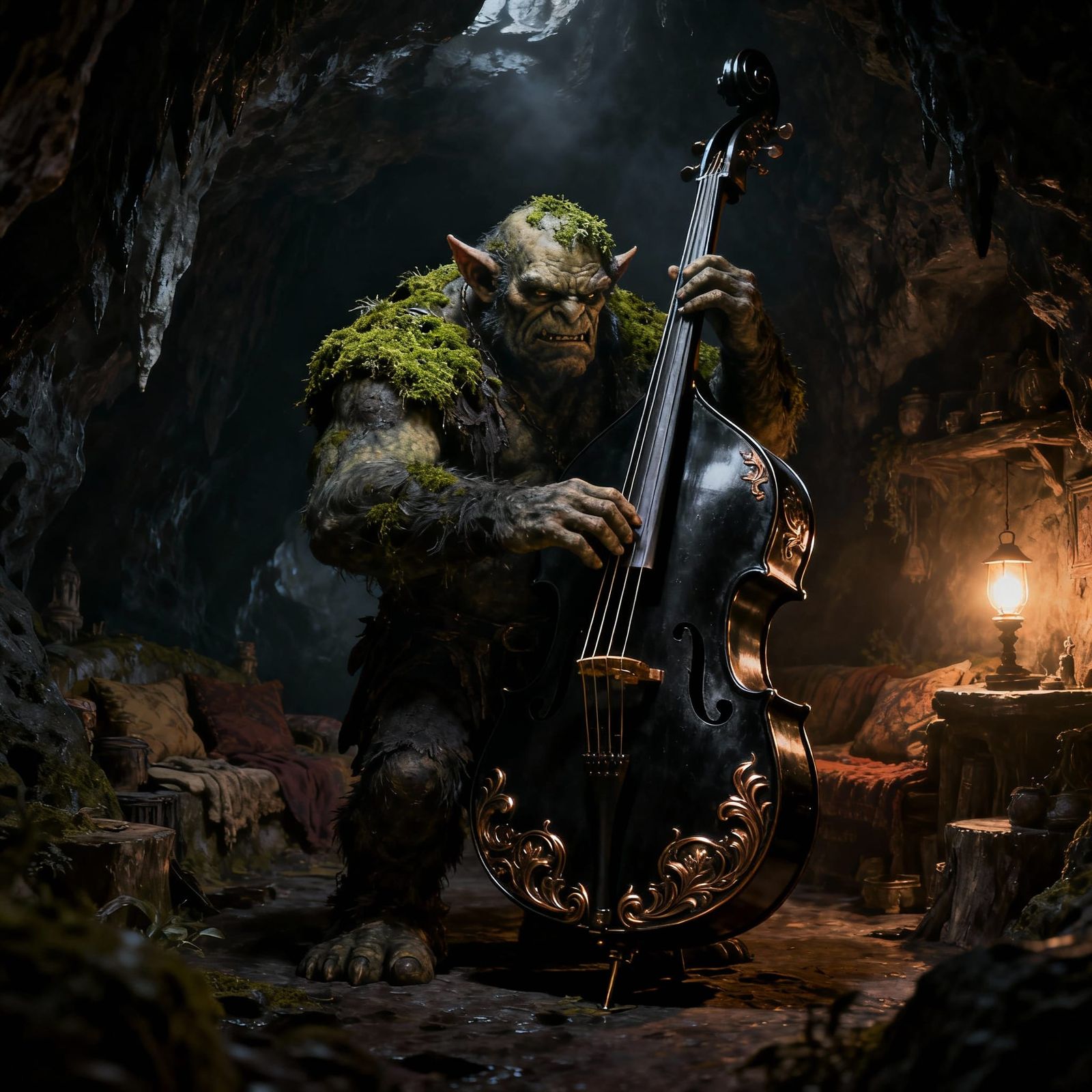 Cave Troll Plays Bass Violin in Dark Fantasy Art
