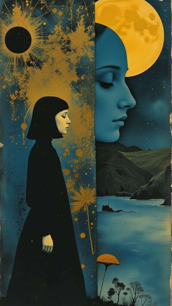 Ethereal Gods of the Cosmos in Vibrant Blue and Copper Hues