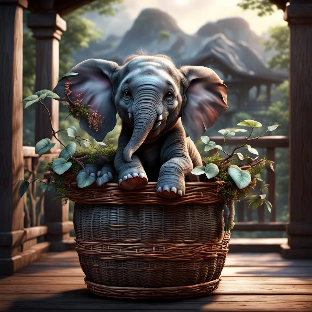 Kawaii Baby Elephant in Basket, Photorealistic Style