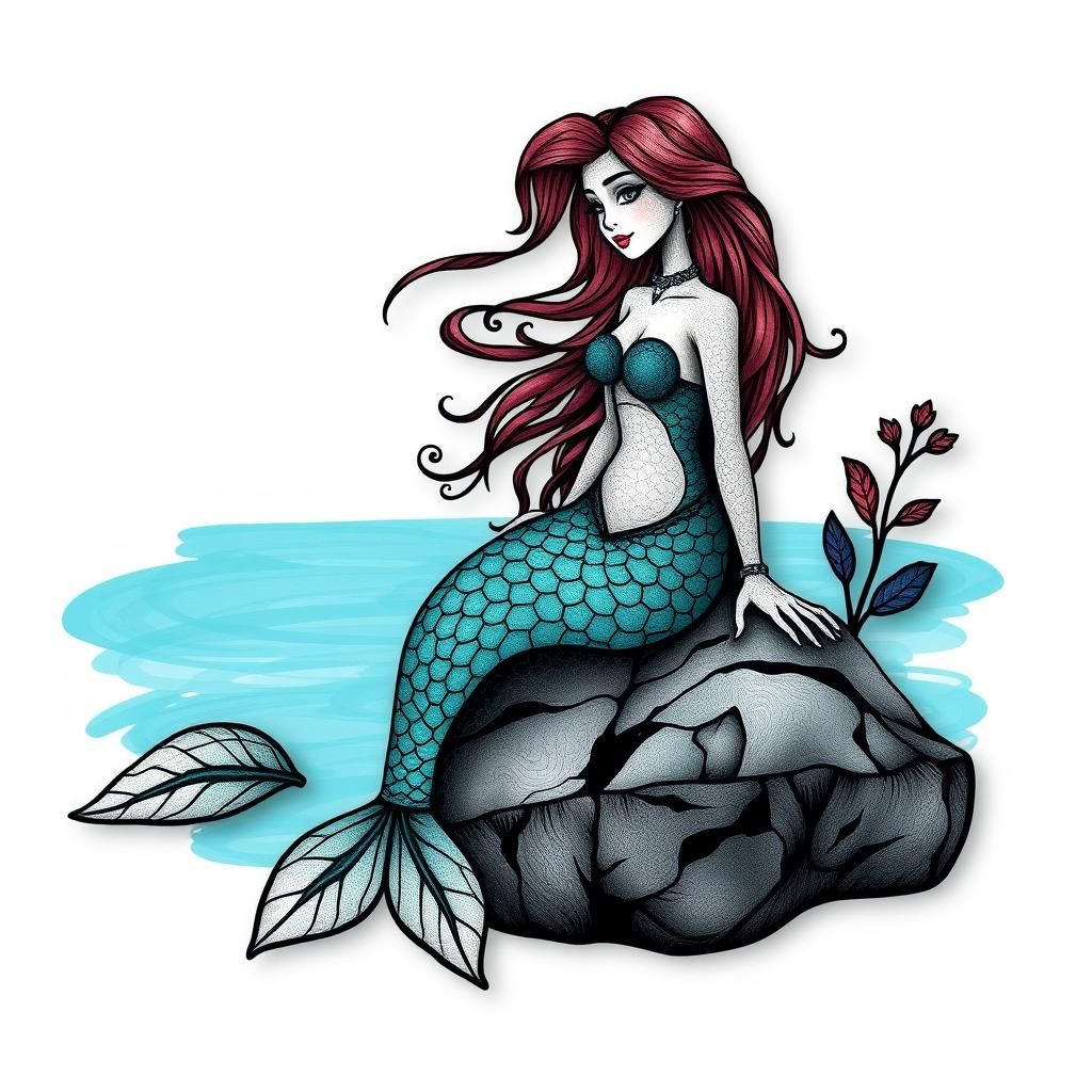 Fairytale Mermaid on Azure Lake in Zentangle Style