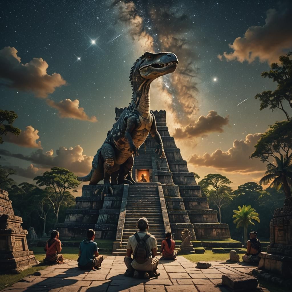 Mayan Temple Under Starry Sky with Velociraptor