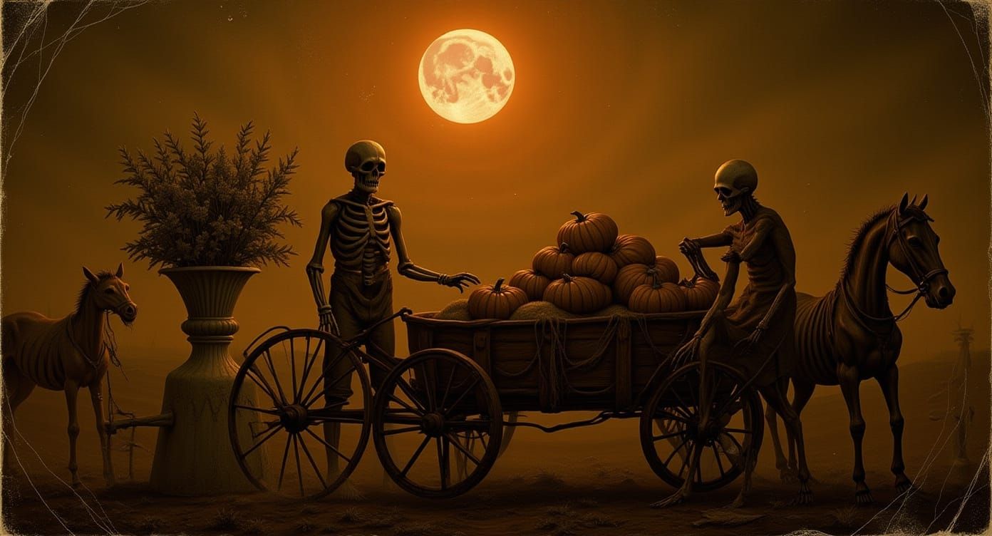 Skeleton Couple Harvests Pumpkins in Eerie Daguerreotype