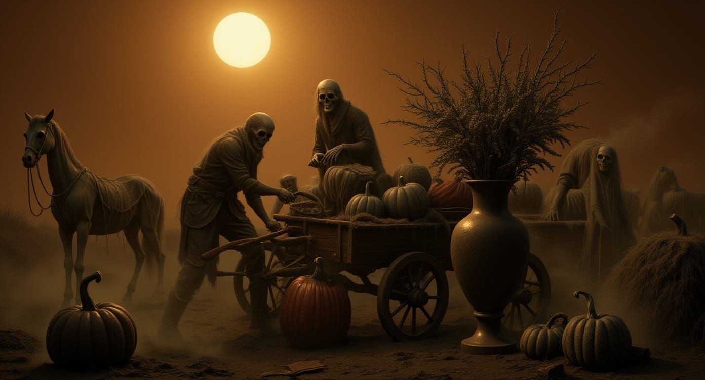 Skeleton Couple Harvests Pumpkins in Eerie Daguerreotype Sty...