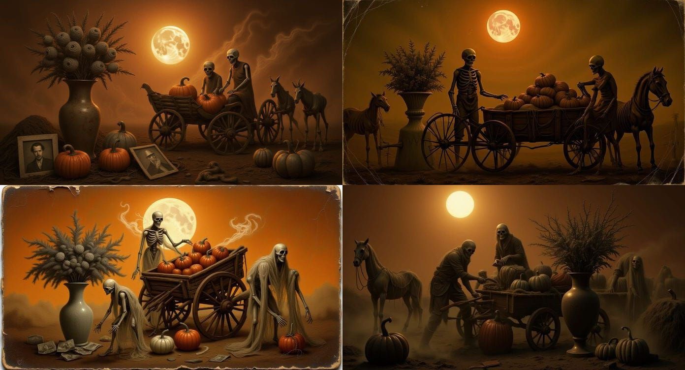 Skeleton Couple Harvest Pumpkins in Vintage Daguerreotype St...