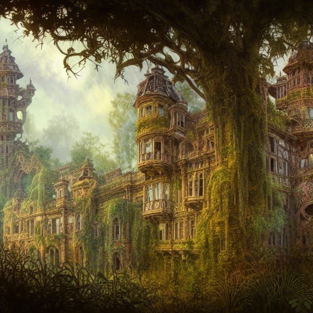 Overgrown Abandoned Castle with Fractal Iridescence