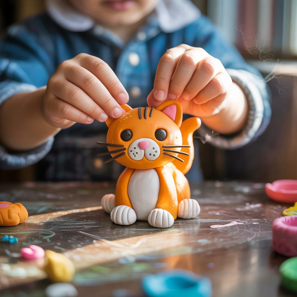 Toddler Sculpting Clay Cat Figurine in Dreamlike Lighting