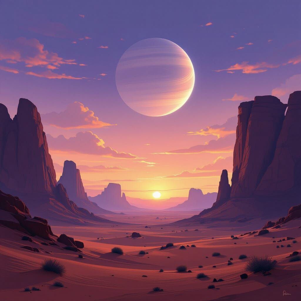 Alien Desert Landscape at Twilight in Painterly Style