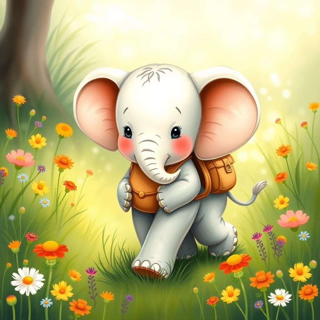 A Whimsical Baby Elephant in a Lush Meadow