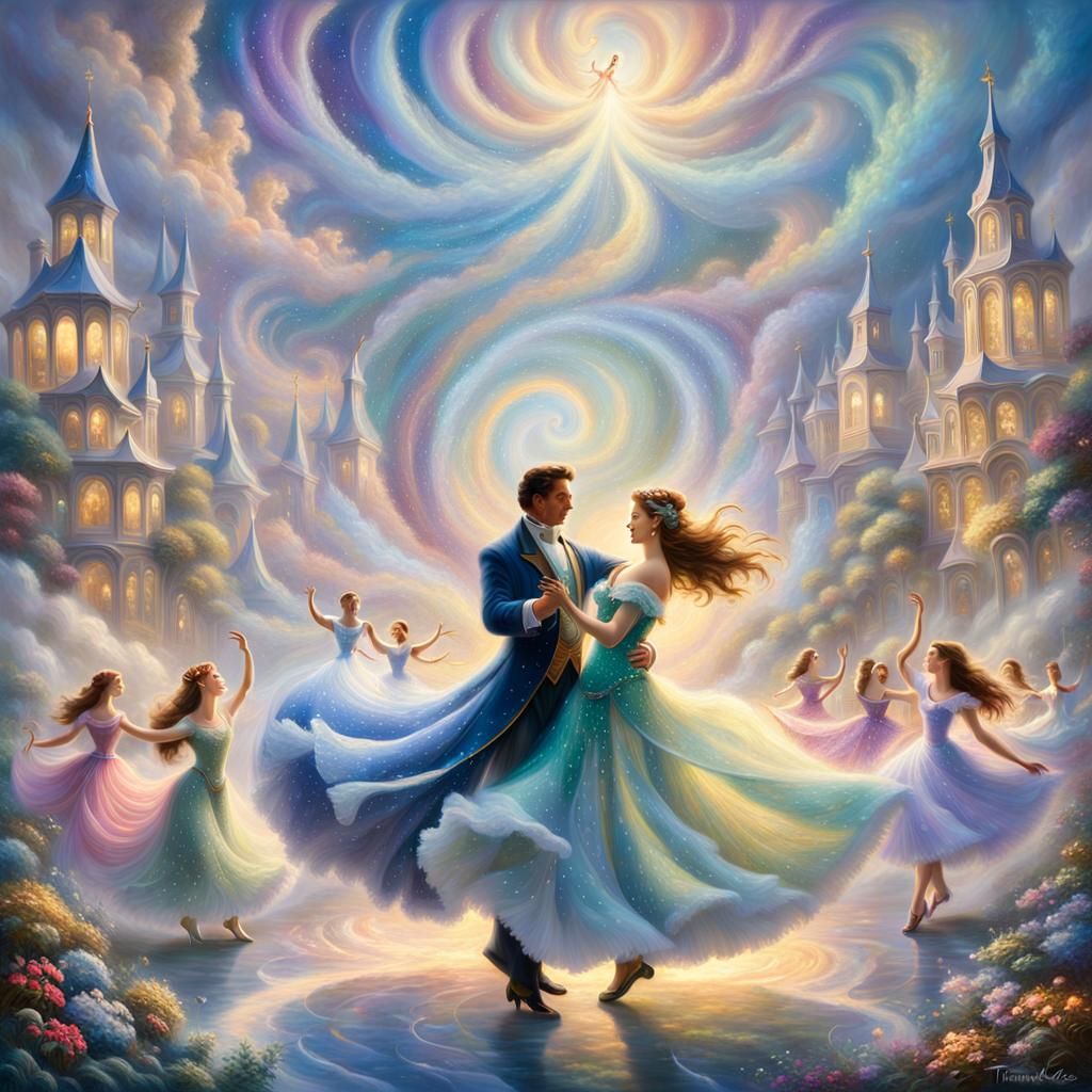 Ethereal Figures Dancing in Iridescent Mist