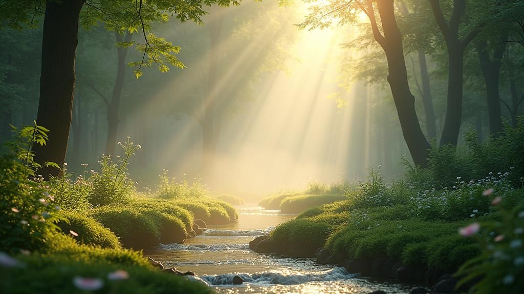 Misty Forest Dawn: Sunlight Through the Trees