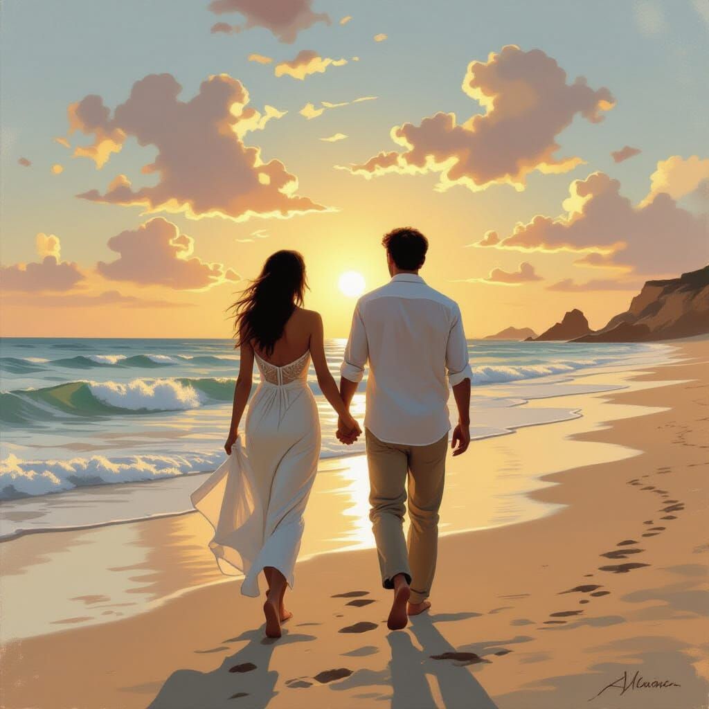 Lovers Stroll on Beach in Sunlight, Sorolla Style