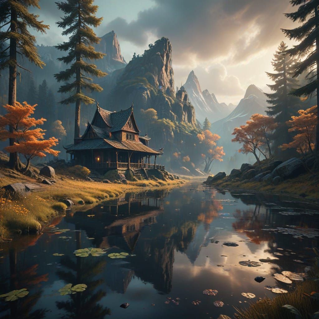 Majestic Twilight Landscape with Tranquil Pond