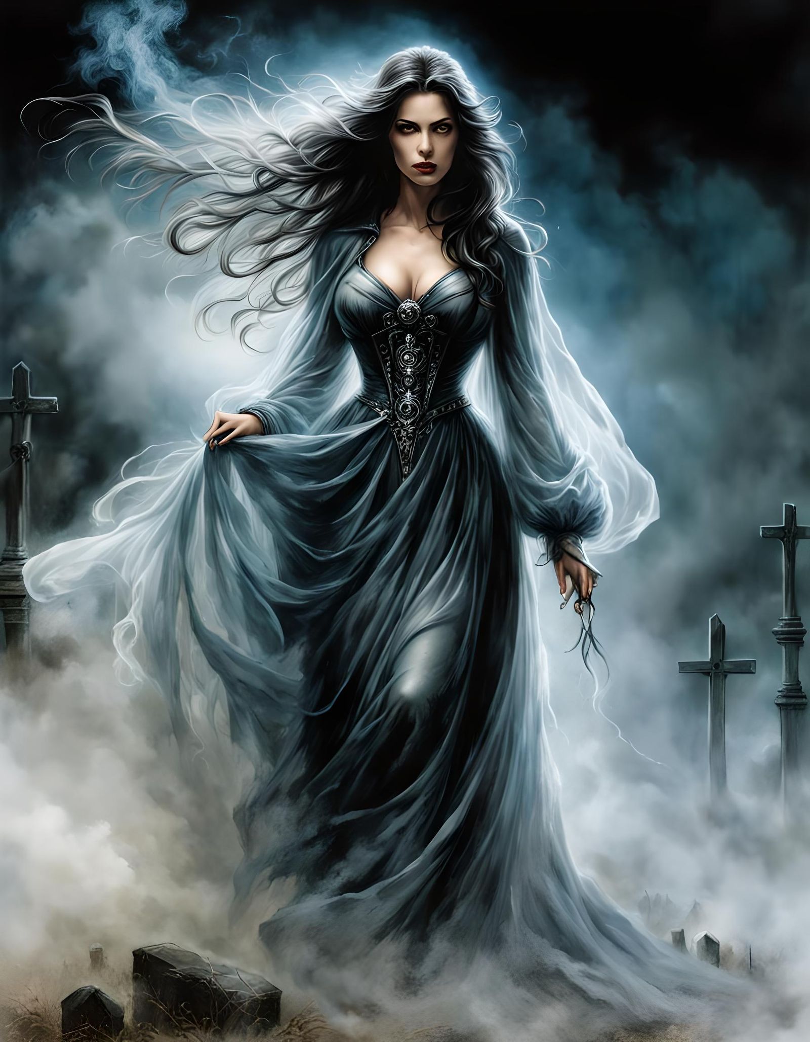 Ethereal Ghostly Woman in Graveyard, Dark Fantasy Art
