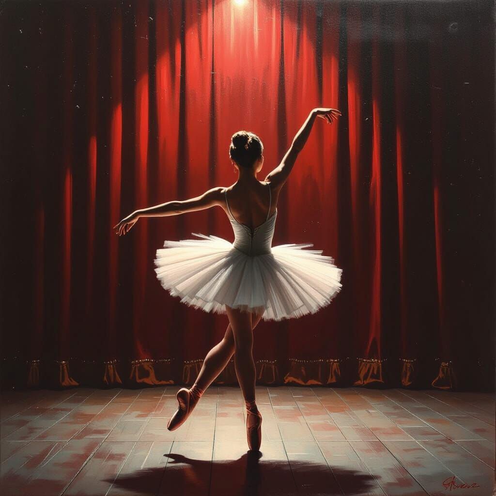 Ballerina Dancing in Dim Theater: Acrylic Painting